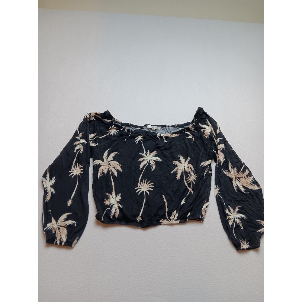 Z Supply Womens S Black Palm Tree Print Off Shoulder Crop Top Long Sleeve Boho